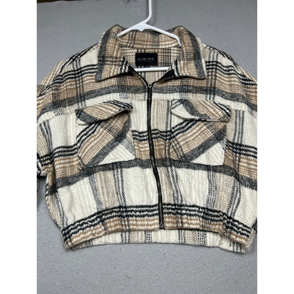 TIMING Cropped Zip Up Jacket Polyester Plaid Cream Brown Black Small Womens